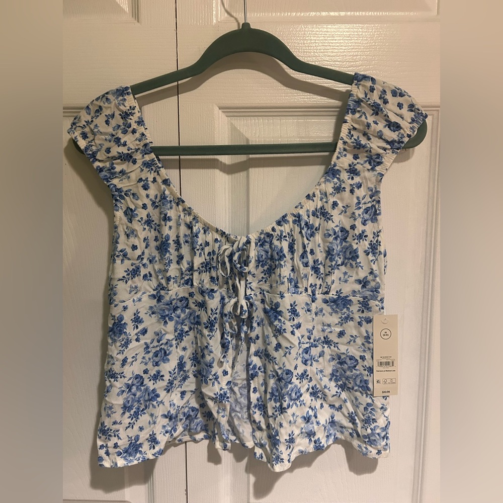 No Boundaries Blue and White Puff Sleeve Blouse